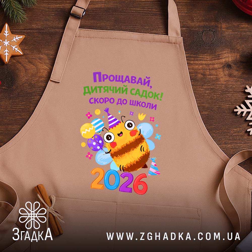 Фартух випускник дитячого садка 2026, бежевий, на дерев'яному фоні, бренд Згадка.