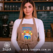 Фартух випускник дитсадка для малюка, бежевий, на моделі в кухні, бренд Згадка.