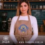 Фартух випускник кращої школи, бежевий, на моделі в кухні, бренд Згадка.