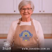 Фартух випускник кращої школи, бежевий, на жінці в кухні, бренд Згадка.