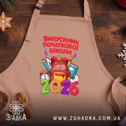 Фартух випускник початкової школи подарунок, бежевий фон, принт на дерев'яному столі, бренд.