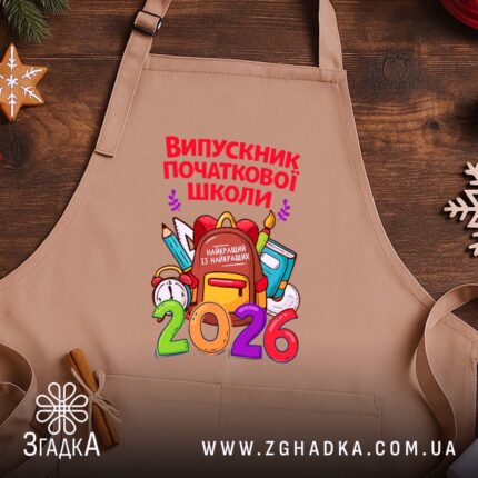 Фартух випускник початкової школи подарунок, бежевий фон, принт на дерев'яному столі, бренд.