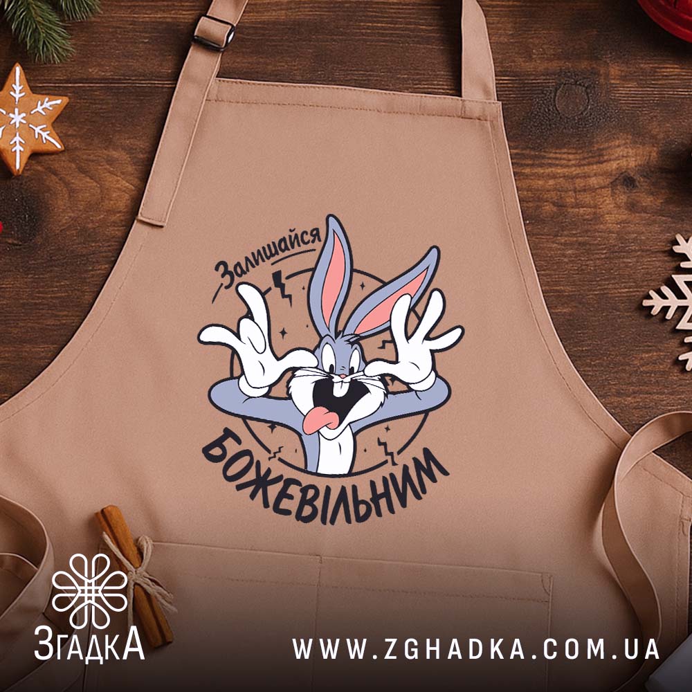 Фартух залишайся божевільним, бежевий, на дерев'яному фоні, бренд Згадка.