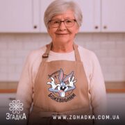 Фартух залишайся божевільним, бежевий, на жінці з усмішкою, бренд Згадка.