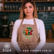 Фартух Здоровий вайб, бежевий, на моделі, кухня з плиткою, бренд Згадка.