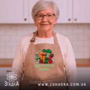 Фартух Здоровий вайб, бежевий, на жінці, світлий фон, дружня атмосфера, бренд Згадка.