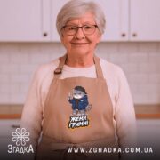 Фартух жени гримні мем дизайн, бежевий, на літній жінці, кухня на фоні,.