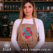 Фартух життя одні нєрви, бежевий, на моделі, кухня, бренд Згадка.