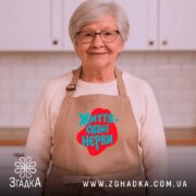 Фартух життя одні нєрви, бежевий, на жінці, кухня, бренд Згадка.
