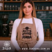 Фартух життя творить дива, бежевий, на моделі в кухні, бренд Згадка.