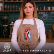 Фартух жив був пес зараз заспіваю, бежевий на жінці, кухня на фоні,.