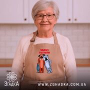 Фартух жив був пес зараз заспіваю, бежевий на бабусі, кухня на фоні,.