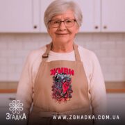 Фартух живи грішно арт стиль, бежевий, на жінці, світла кухня, бренд Згадка.