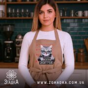 Фартух живи життя без системи, бежевий, на моделі, кухня на фоні, бренд.