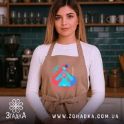 Фартух зосередься на мені арт принт, бежевий колір, модель у кухні, бренд.