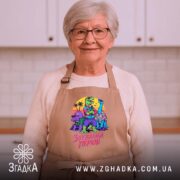 Фартух зухвалий період з динозаврами, бежевий, на жінці, кухня в фоні, бренд.