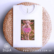 Футболка для блискучих моментів. Біла футболка, складена на плетеній кошику, з принтом козеняти в квітах, напис 'BE THE SPARKLY ONE' яскраво виділяється на фоні. Кошик на світлому фоні.