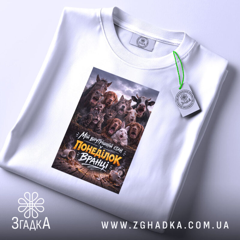 Футболка для роботи в понеділок, біла, складена на поверхні, фон світло-фіолетовий, принт з зображенням тварин на темному фоні з текстом, прикріплена етикетка.