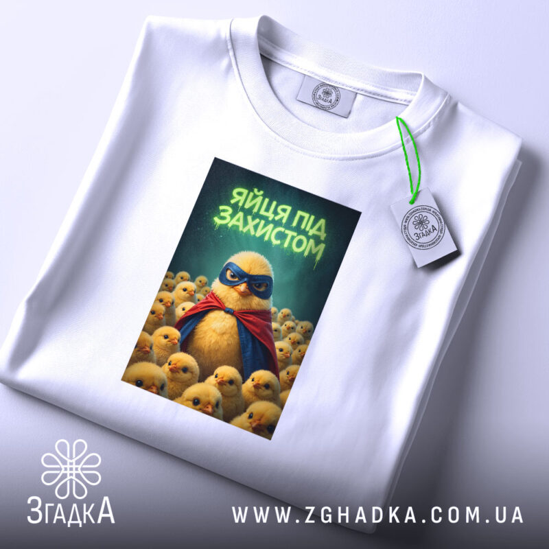 Футболка яйця під захистом, біла, з етикеткою, унікальний принт, бренд Згадка.