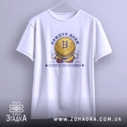 Футболка крипто дзен, біла, підвішена на вішалці, з принтом у вигляді усміхненої монети з символом біткоїна, текстом 'крипто дзен' та 'енергія блокчейну', фон світло-сірий.