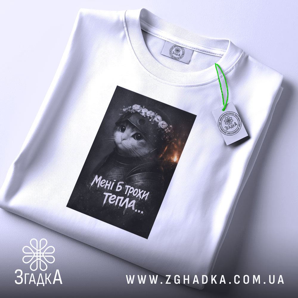 Футболка мені б трохи тепла кіт лицар, біла, на столі, принт з.