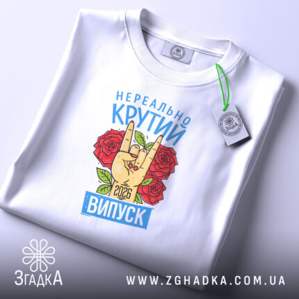 Футболка нереально крутий випуск 2026, складена, видно принт, білий фон, Згадка.