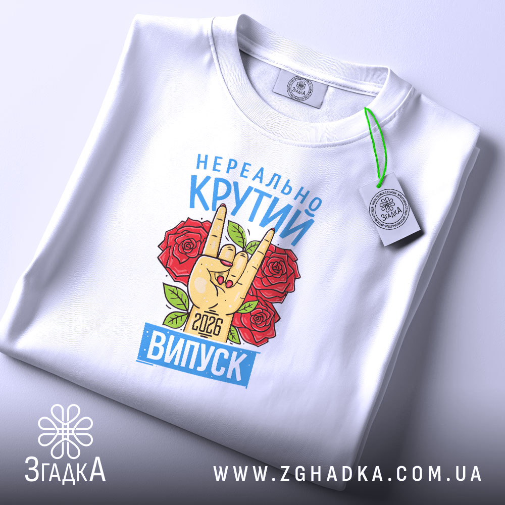 Футболка нереально крутий випуск 2026, складена, видно принт, білий фон, Згадка.