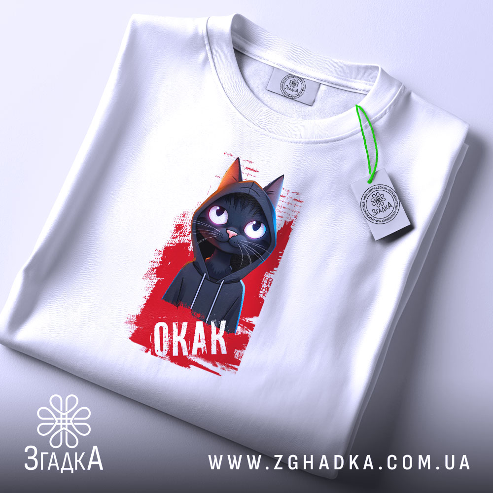 Футболка окак мем з котом, складена, видно принт, біла тканина, бренд Згадка.