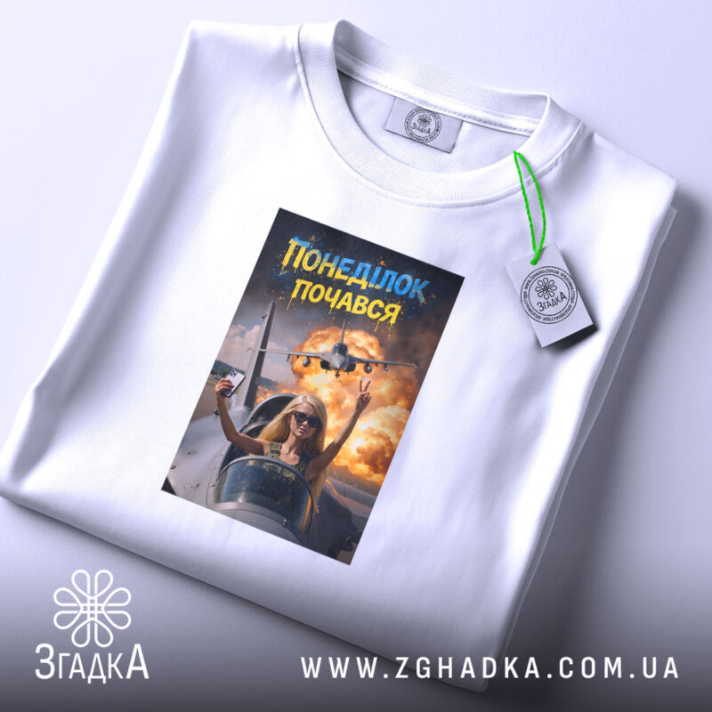 Футболка понеділок почався мем дизайн, біла, плоска, принт на грудях, бренд Згадка.