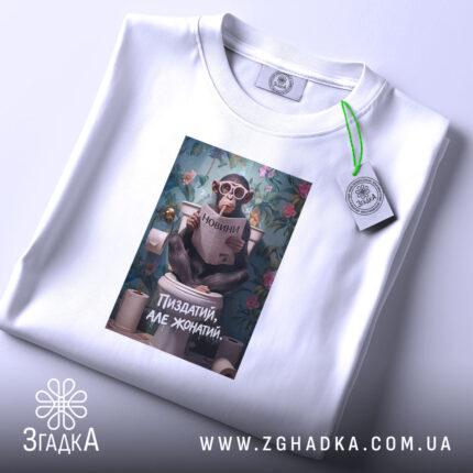 Футболка пиздатий але жонатий, складена на фоні, принт мавпи, бренд Згадка.