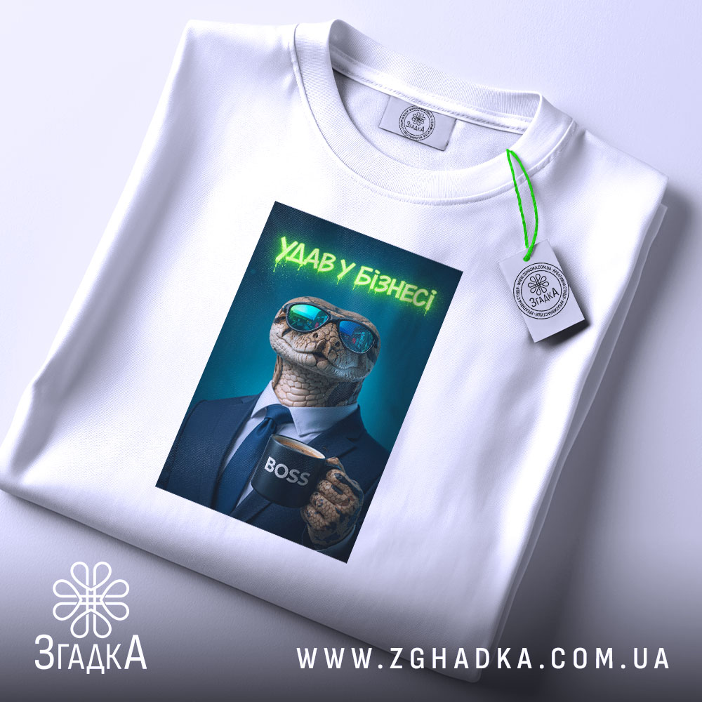 Футболка удав у бізнесі стильний бос, біла, на столі, бренд Згадка.