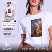 Футболка вір у маленькі чудеса, біла, на моделі, принт з дівчиною, бренд.