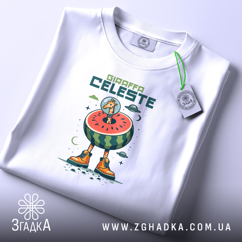 Футболка Жирафа Селесте на білому фоні, зображена в плоскому вигляді, принт з жирафом у космічному шоломі на кавуні, з яскравими оранжевими черевиками, на етикетці видно логотип бренду, фон світло-сірий.