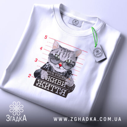 Футболка живи життя без системи, біла, на столі, деталі принта, бренд Згадка.