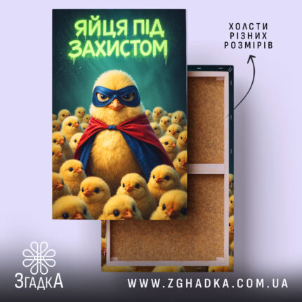 Холст яйця під захистом, натягнутий на дерев'яну раму, фактура полотна чітка, бренд.