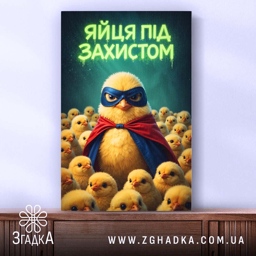 Холст яйця під захистом, вертикальний ракурс, яскраві кольори, бренд Згадка.