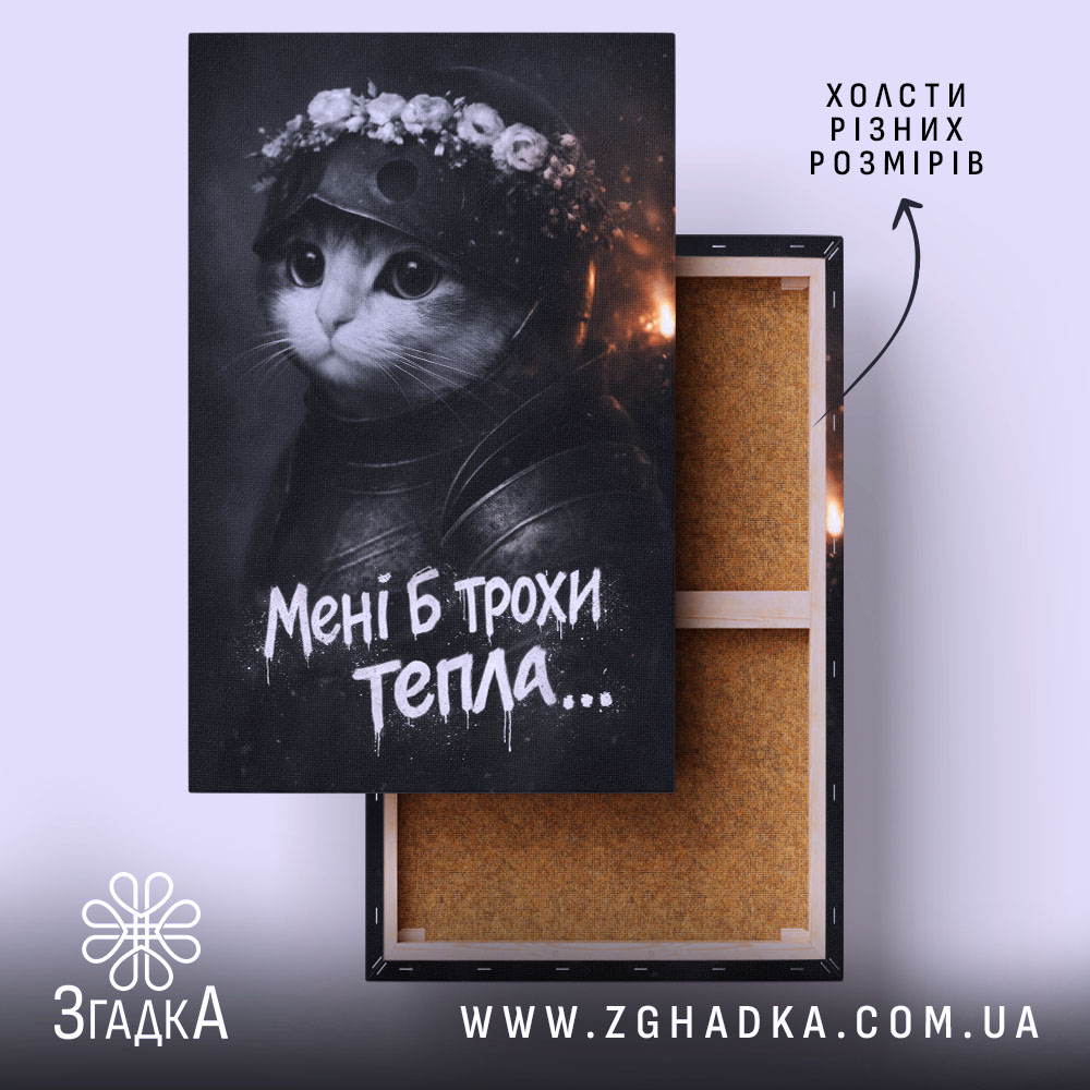 Холст мені б трохи тепла кіт лицар, натягнутий на раму, Згадка.