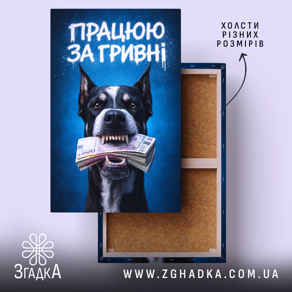 Холст працюю за гривні, собака з грошима, бренд Згадка.