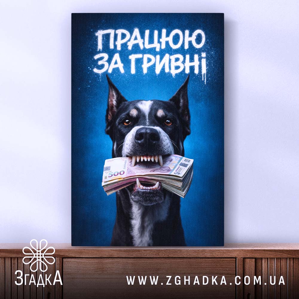 Холст працюю за гривні, собака на фоні, бренд Згадка.