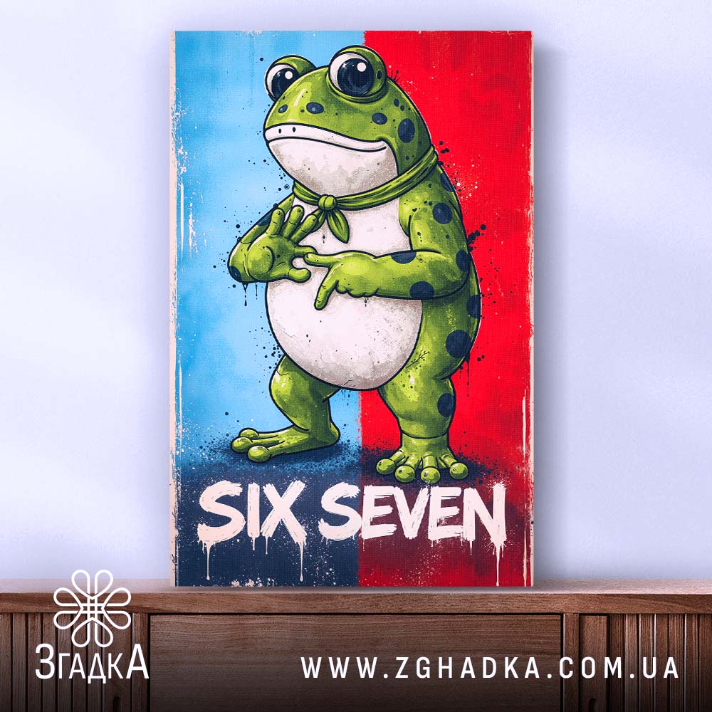 Холст six seven мем стиль, горизонтальний ракурс, натягнутий, чітка фактура, бренд Згадка.