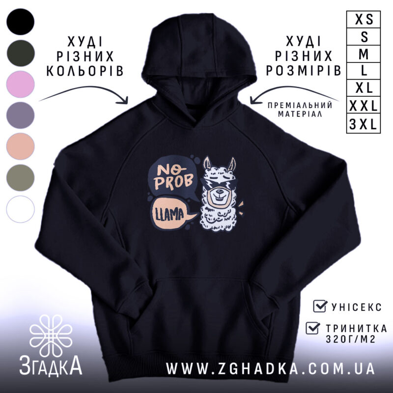 Худі без проблем лама в окулярах, чорний колір, капюшон, принт, Згадка.