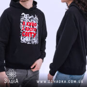 Худі я хуїю з цього світу, чорний колір, двоє моделей, бренд Згадка.