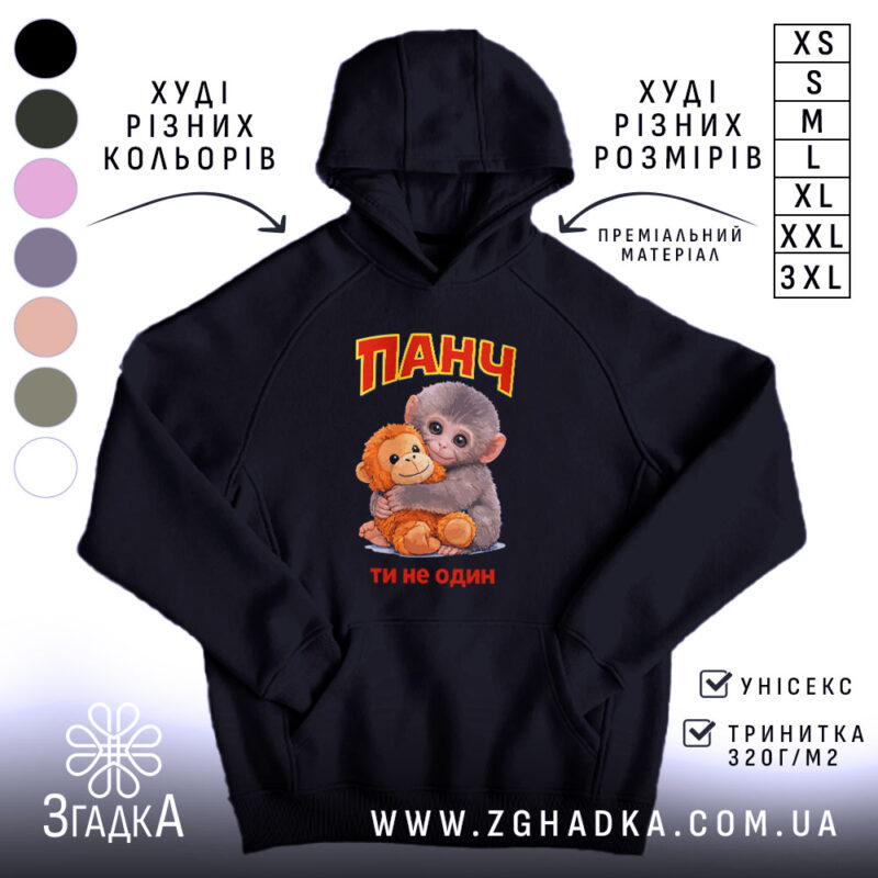 Худі мавпочка Панч ти не один, чорний колір, капюшон, принт з мавпочкою,.