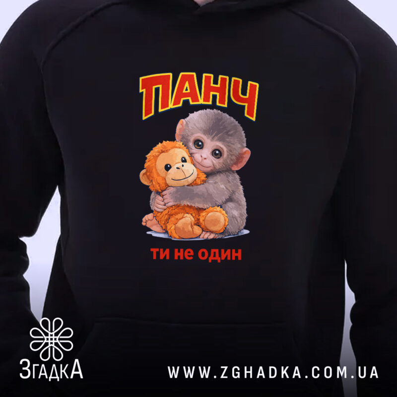 Худі мавпочка Панч ти не один, чорний колір, близький ракурс, принт з.