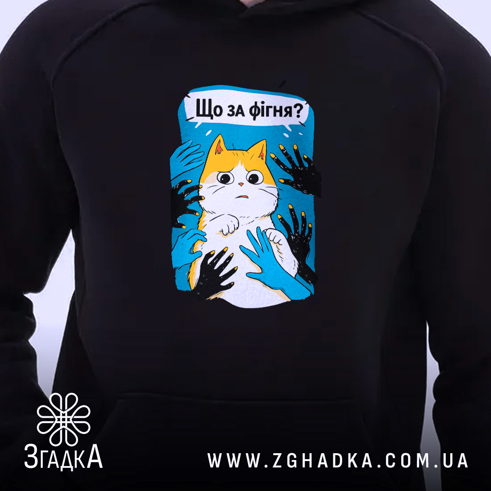 Худі що за фігня мем з котом, чорний фон, принт з котом,.