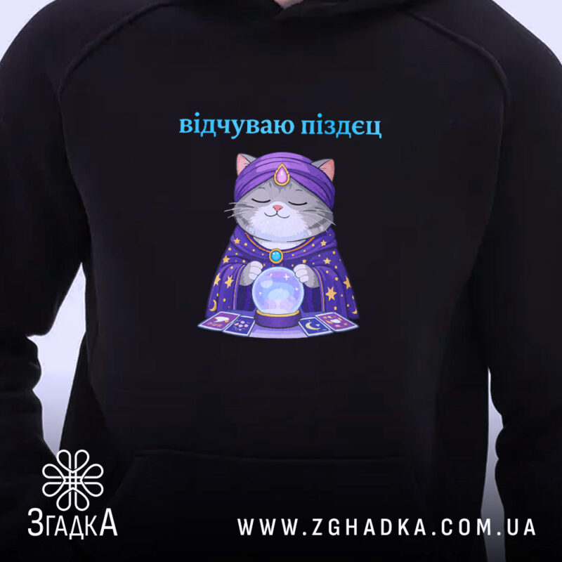 Худі відчуваю піздец таро стиль, близький план, принт кішки, Згадка.