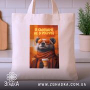 Шопер я сьогодні не в ресурсі з ведмедем, бежевий, на столі, принт.