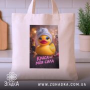 Шопер краса моя сила, бежевий, на столі, з принтом качки, бренд Згадка.