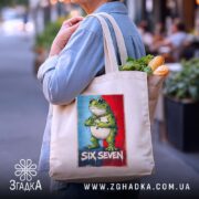 Шопер six seven мем стиль, бежевий шопер з продуктами, принт жаби, бренд.