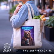 Шопер вайб свободи Карпат з ведмедем, бежевий, на плечі, з продуктами, принт.